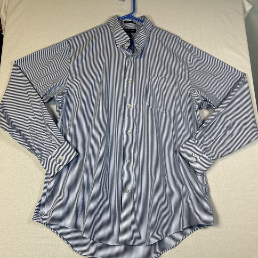 Lands End Mens XL 17-17.5 Long Sleeve Striped No Iron Supima Dress Shirt Blue